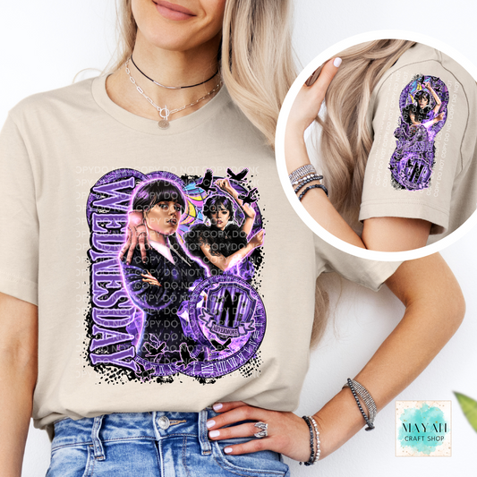Person wearing a t-shirt with a graphic design and a close-up of the design on the shirt.