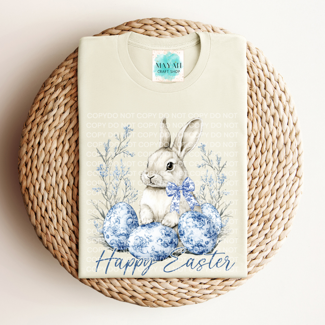 Happy Easter blue heather natural shirt. -Mayan Craft Shop