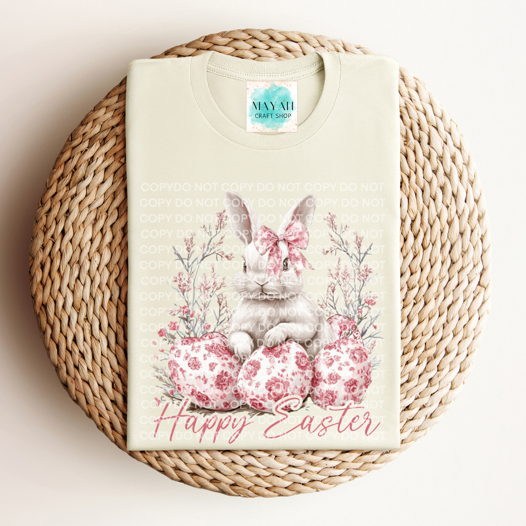 Happy Easter pink heather natural shirt. -Mayan Craft Shop