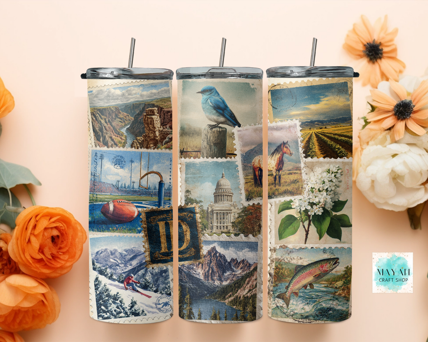 Three tumblers with scenic designs on a light pink background with flowers.