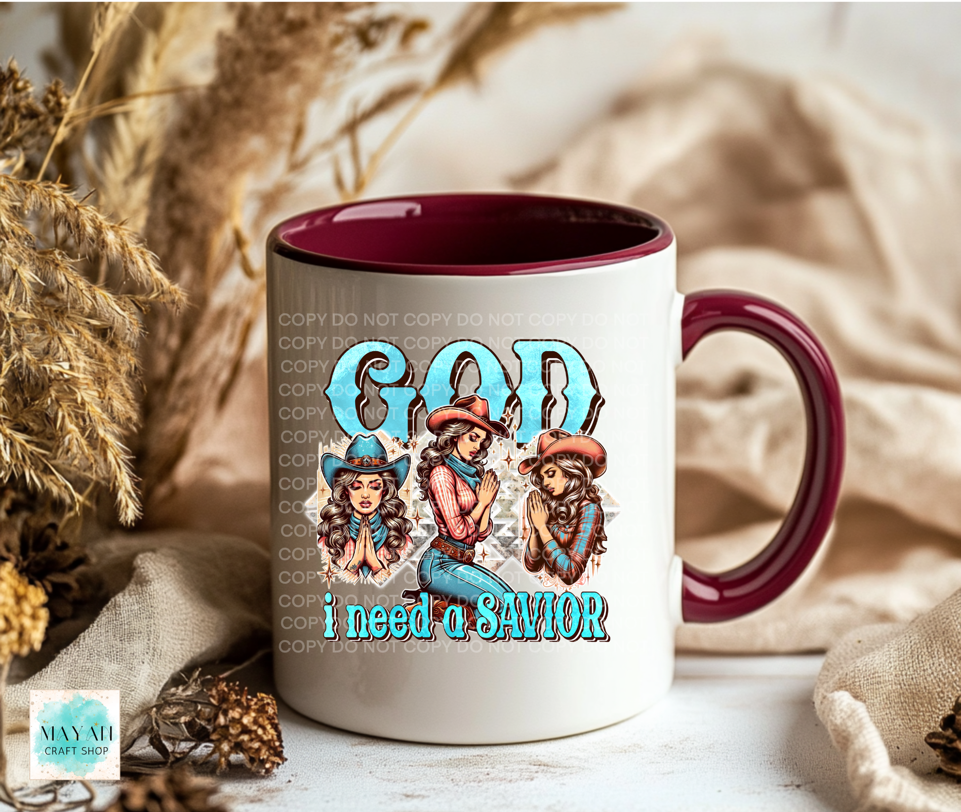 Mug with 'God I need a Savior' design featuring three women in cowboy hats on a neutral background.