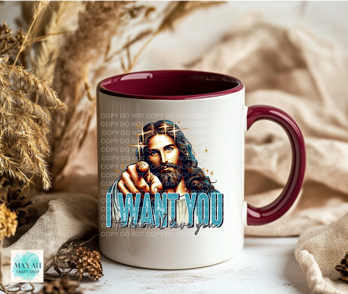 Mug with a graphic design of a bearded man and text 'I WANT YOU' on a neutral background.