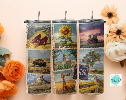 Set of tumblers with Kansas-themed designs on a decorative background with flowers.