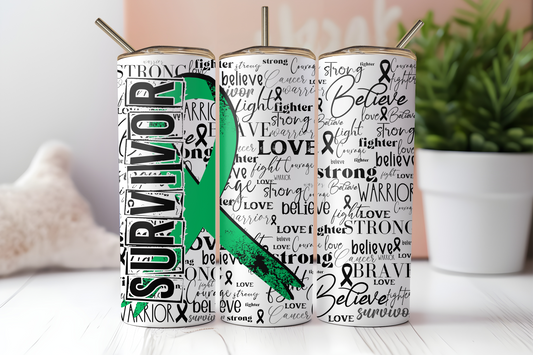 Kelly green cancer survivor ribbon 20 oz. skinny tumbler. -Mayan Sub Shop