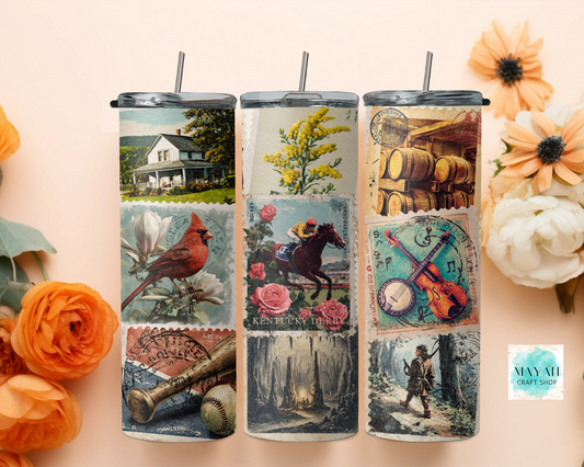 Three tumblers with vintage-style designs on a decorative background with flowers.