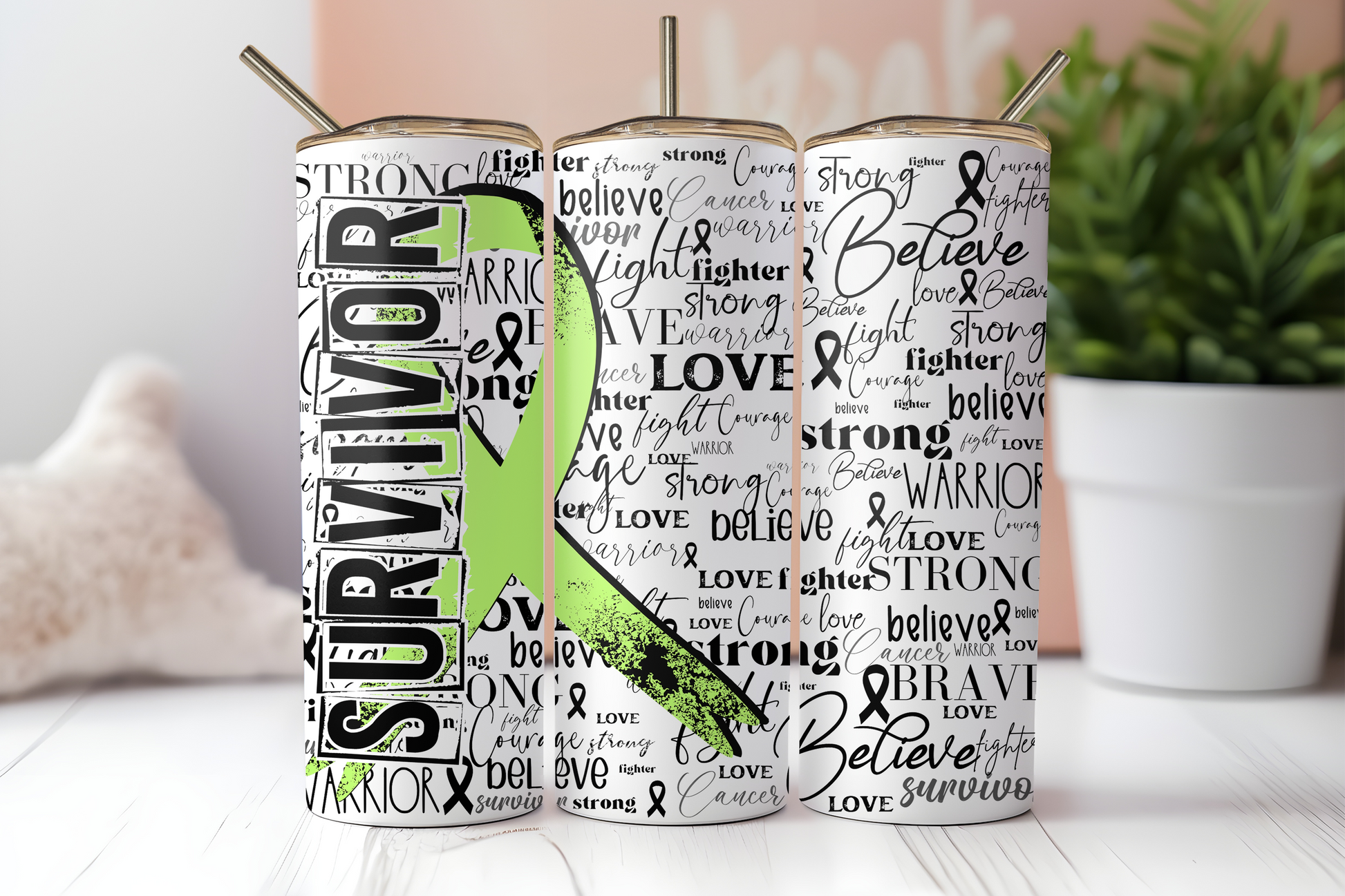 Lime green cancer survivor ribbon 20 oz. skinny tumbler. -Mayan Sub Shop