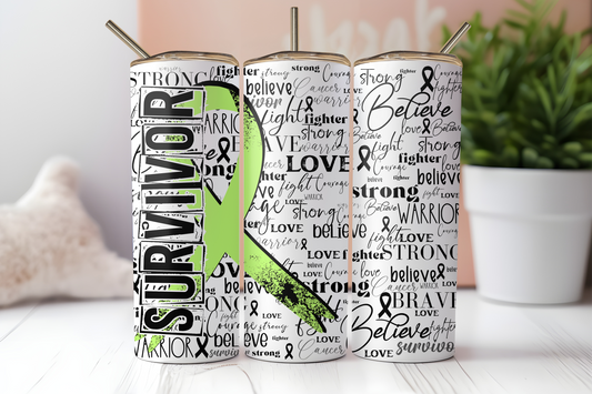 Lime green cancer survivor ribbon 20 oz. skinny tumbler. -Mayan Sub Shop