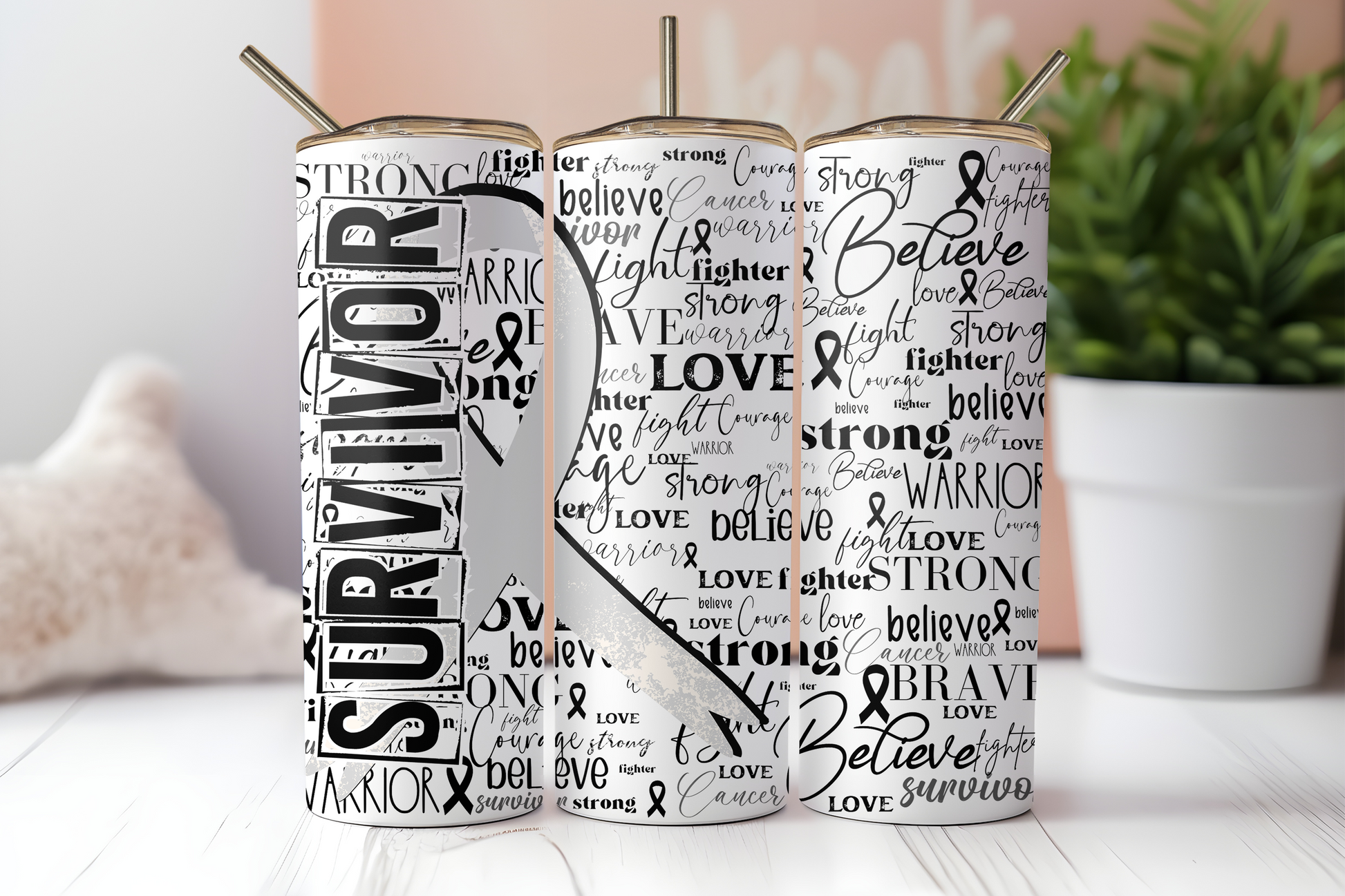 White cancer survivor ribbon 20 oz. skinny tumbler.- Mayan Sub Shop