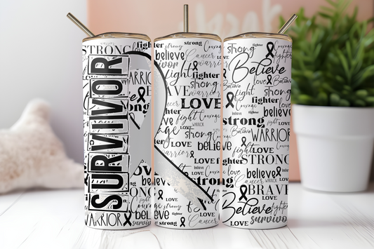 White cancer survivor ribbon 20 oz. skinny tumbler.- Mayan Sub Shop