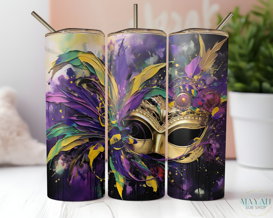 Mardi Mask 3 20 oz. skinny tumbler. -Mayan Sub Shop