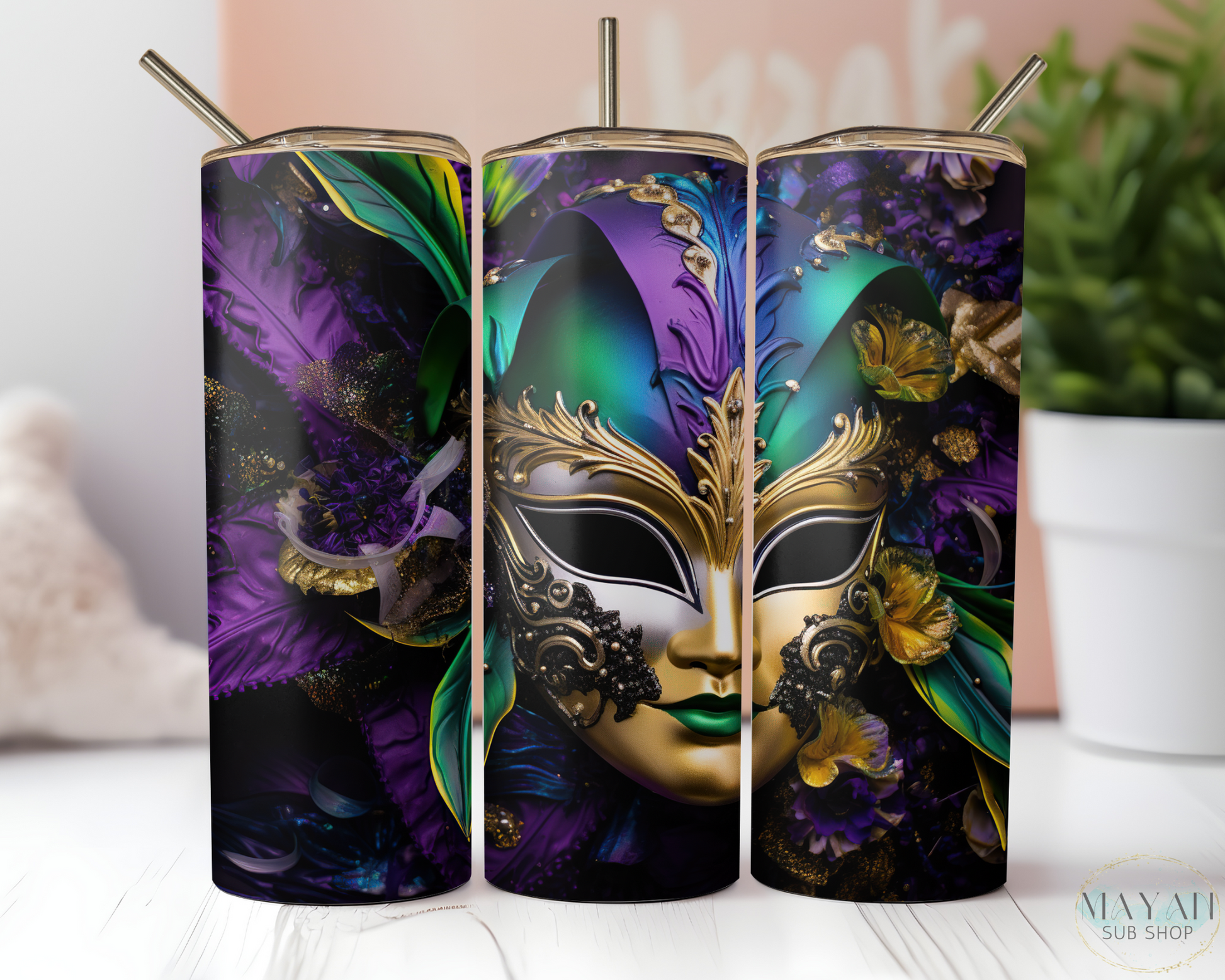 Mardi mask 20 oz. skinny tumbler. -Mayan Sub Shop