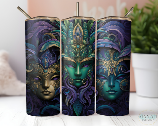 Mardi masks 20 oz. skinny tumbler. -Mayan Sub Shop