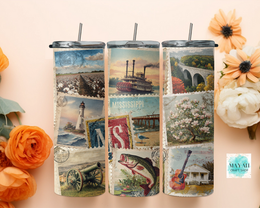 Three tumblers with vintage-themed designs on a light pink background with flowers.