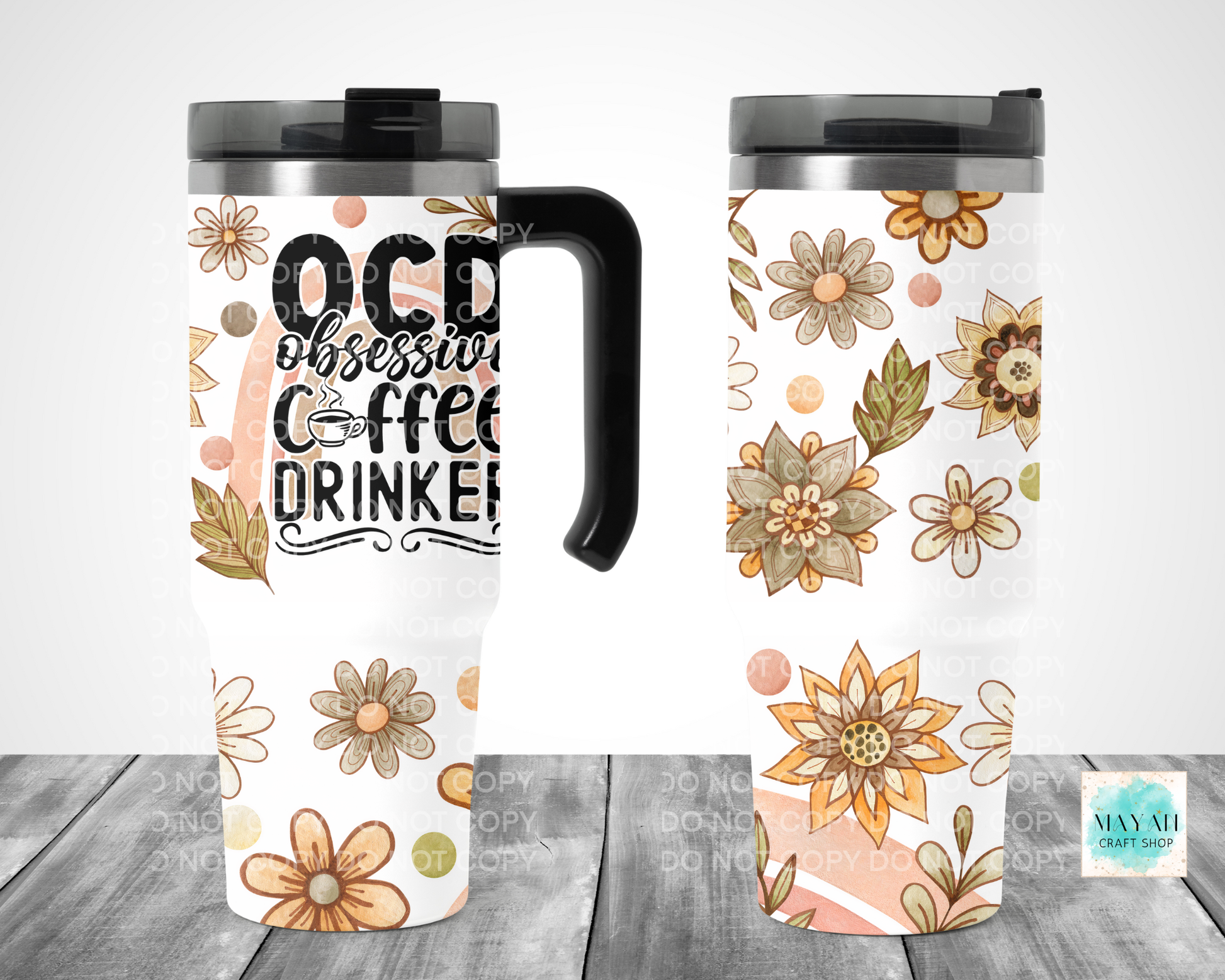 Two travel mugs with floral designs and text on a white background
