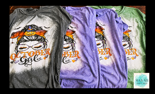 October Girl Messy Bun Bleached Shirt | Fall Birthday Tee