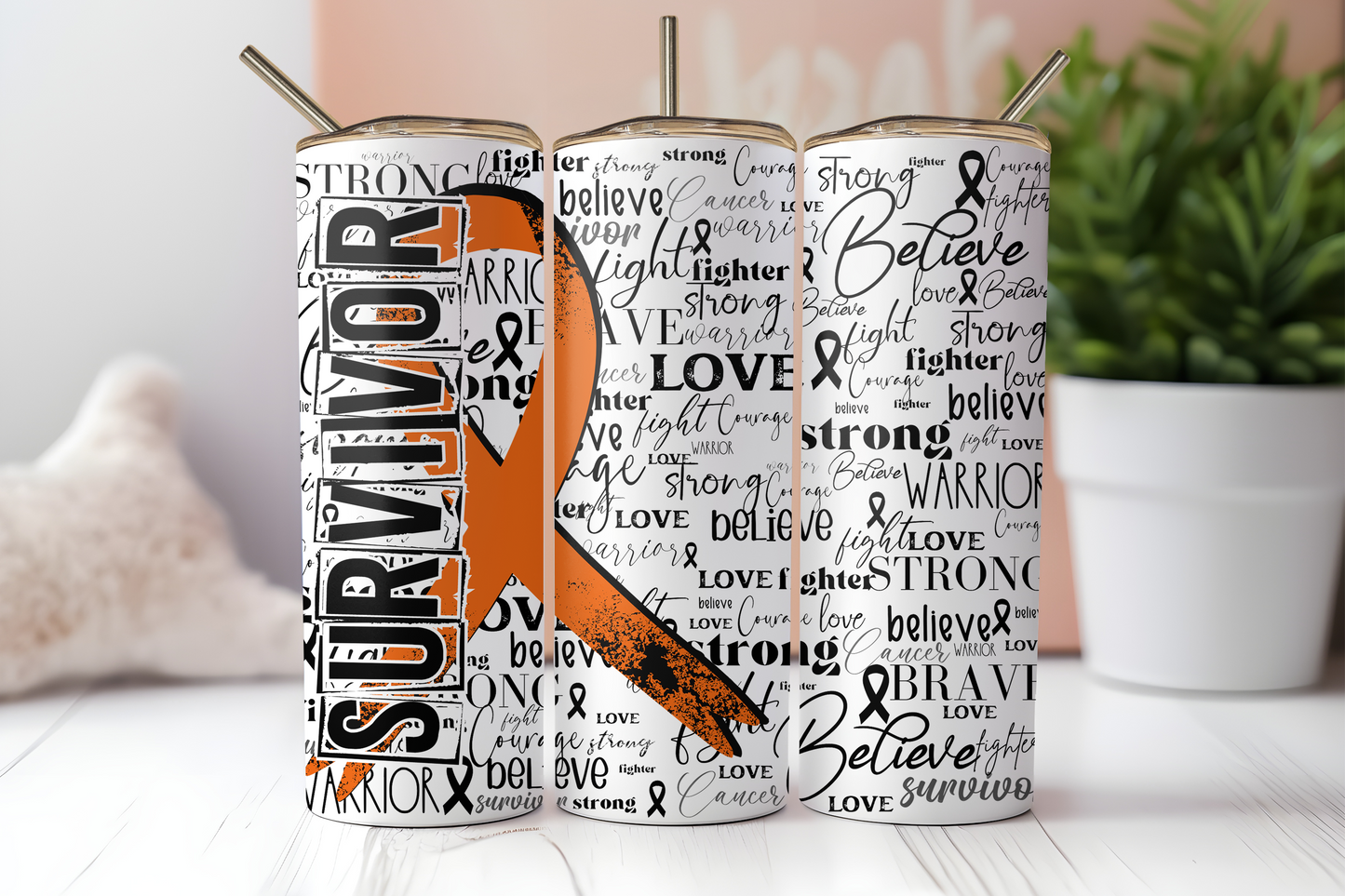 Orange cancer survivor ribbon 20 oz. skinny tumbler. -Mayan Sub Shop