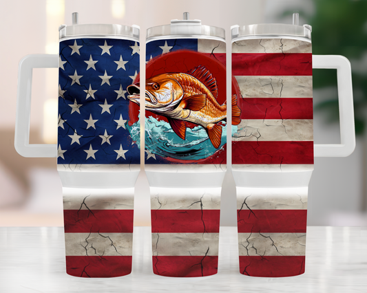 Patriotic red fish 40 oz. tumbler with handle. -Mayan Sub Shop