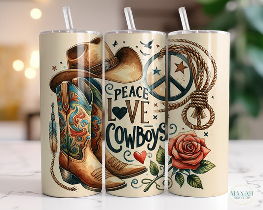 Peace love cowboys tumbler. -Mayan Sub Shop