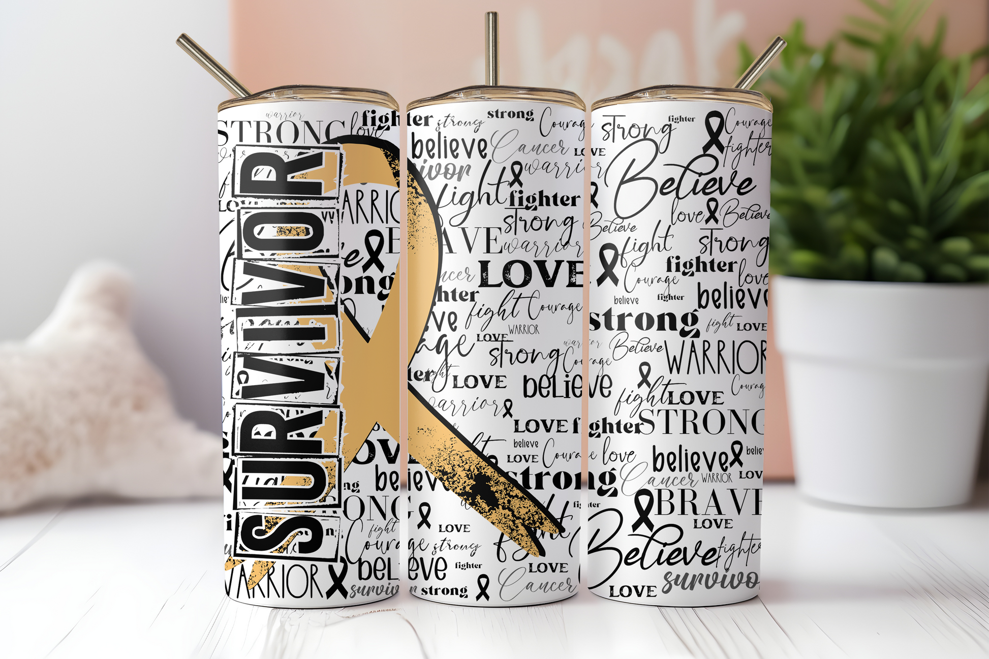 Peach cancer survivor ribbon 20 oz. skinny tumbler. -Mayan Sub Shop