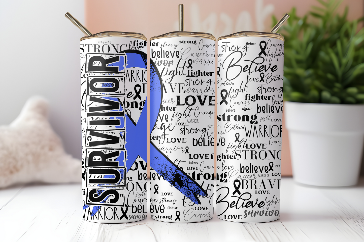 Periwonkle blue cancer survivor ribbon 20 oz. skinny tumbler. -Mayan Sub Shop