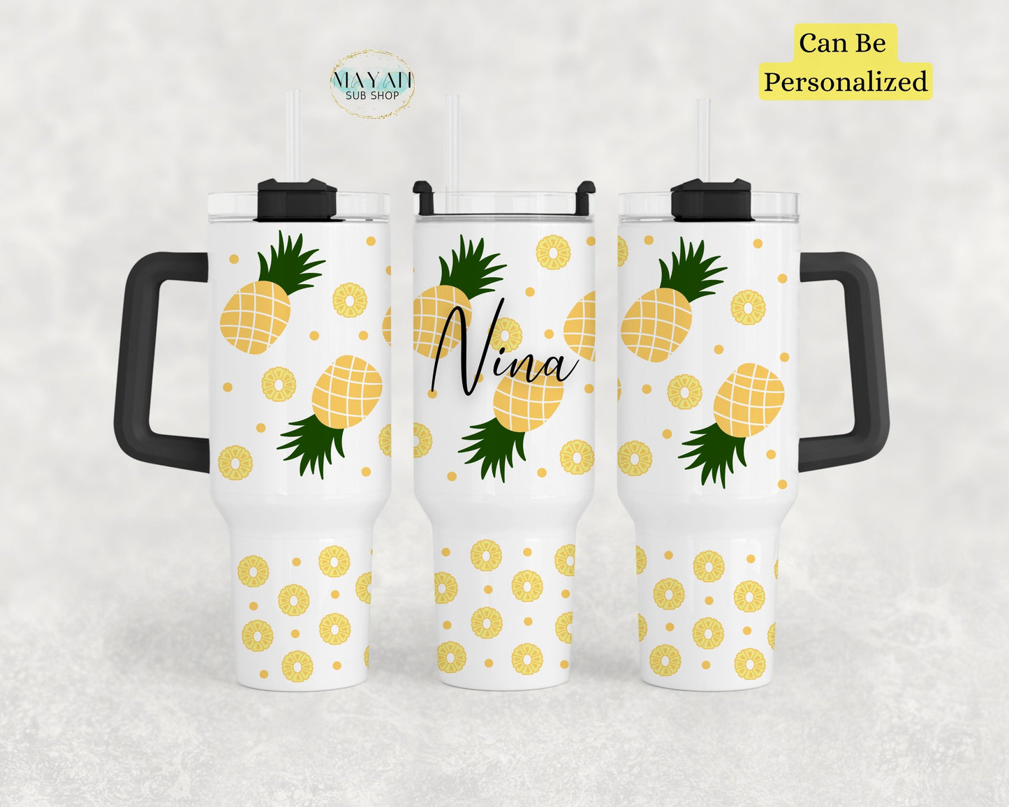 Pineapple slices 40 OZ tumbler with handle (personalized sample). -Mayan Sub Shop