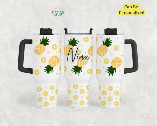 Pineapple slices 40 OZ tumbler with handle (personalized sample). -Mayan Sub Shop