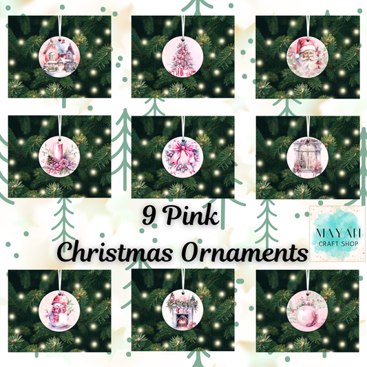 Collage of pink Christmas ornaments on a green tree background with 'Mayan Craft Shop' branding.