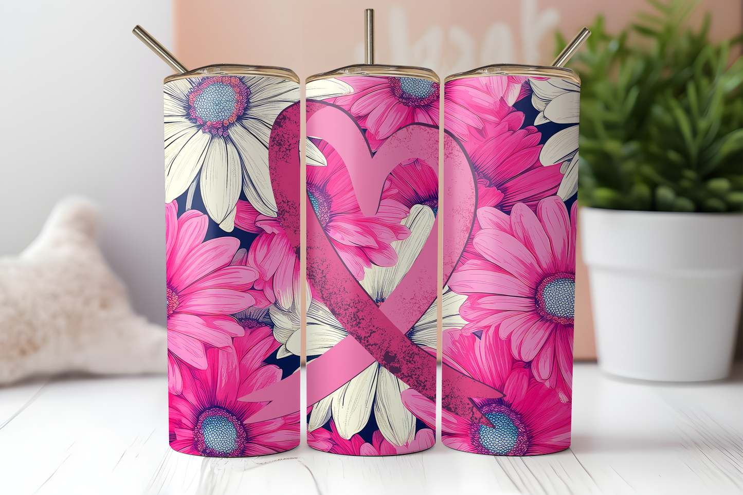 Pink ribbon daisies 20 oz. skinny tumbler. -Mayan Sub Shop