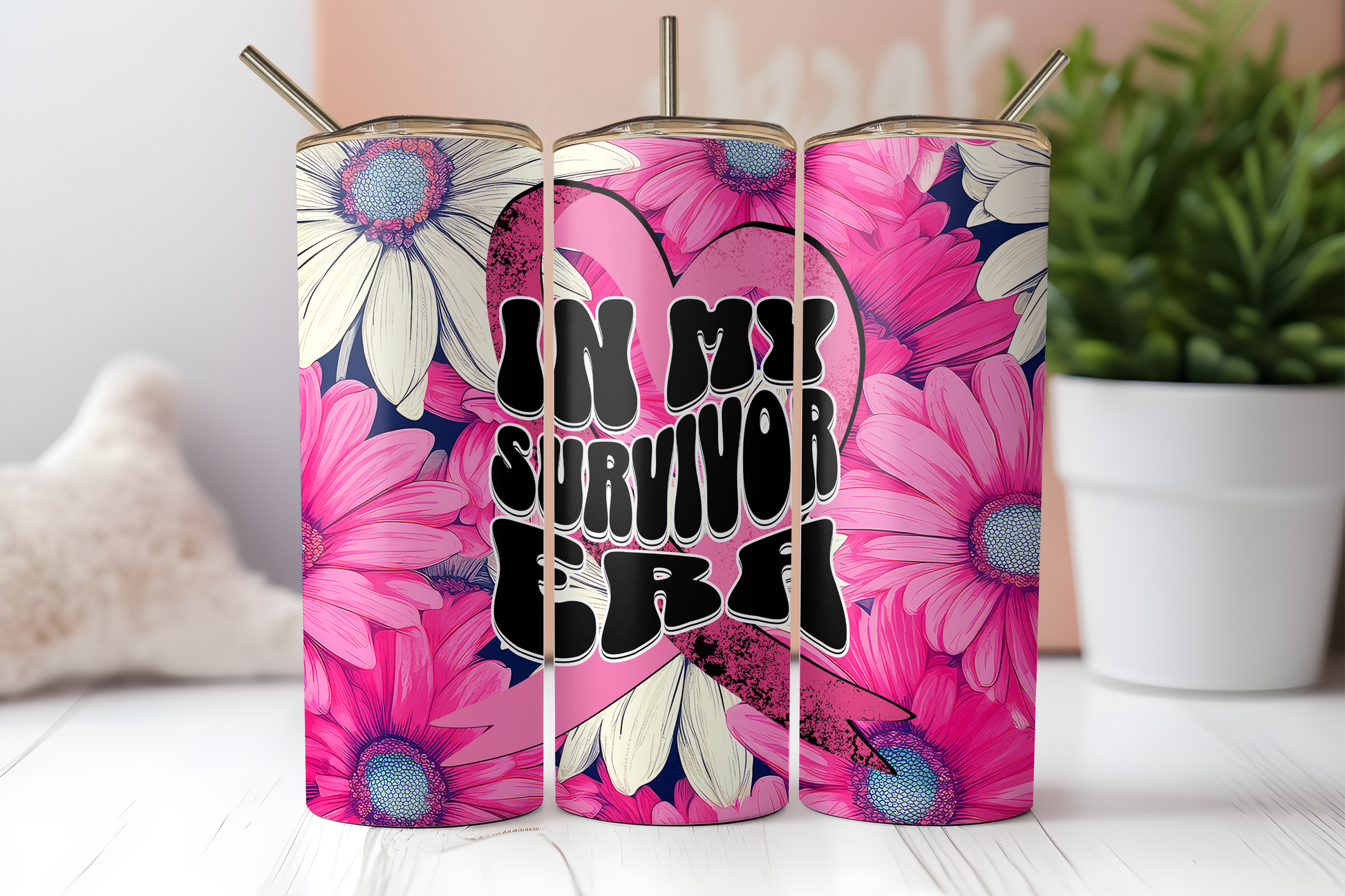 Pink ribbon survivor era 20 oz. skinny tumbler. -Mayan Sub Shop