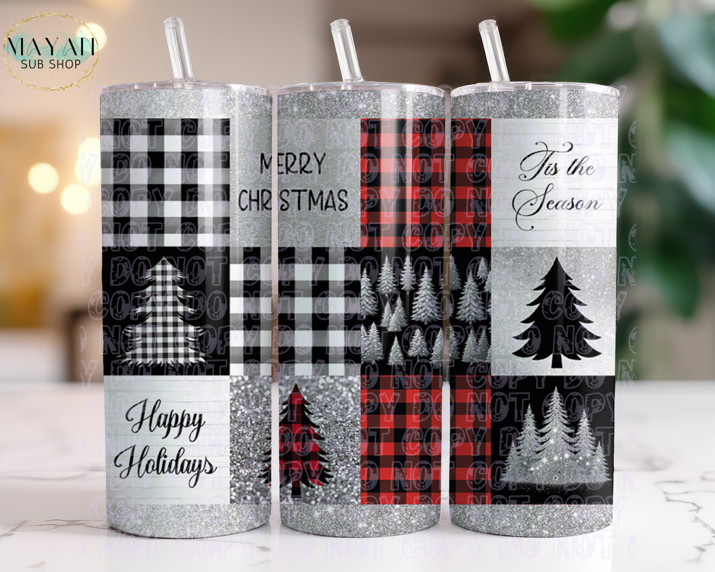 Plaid Christmas trees 20 oz. skinny tumbler. -Mayan Sub Shop