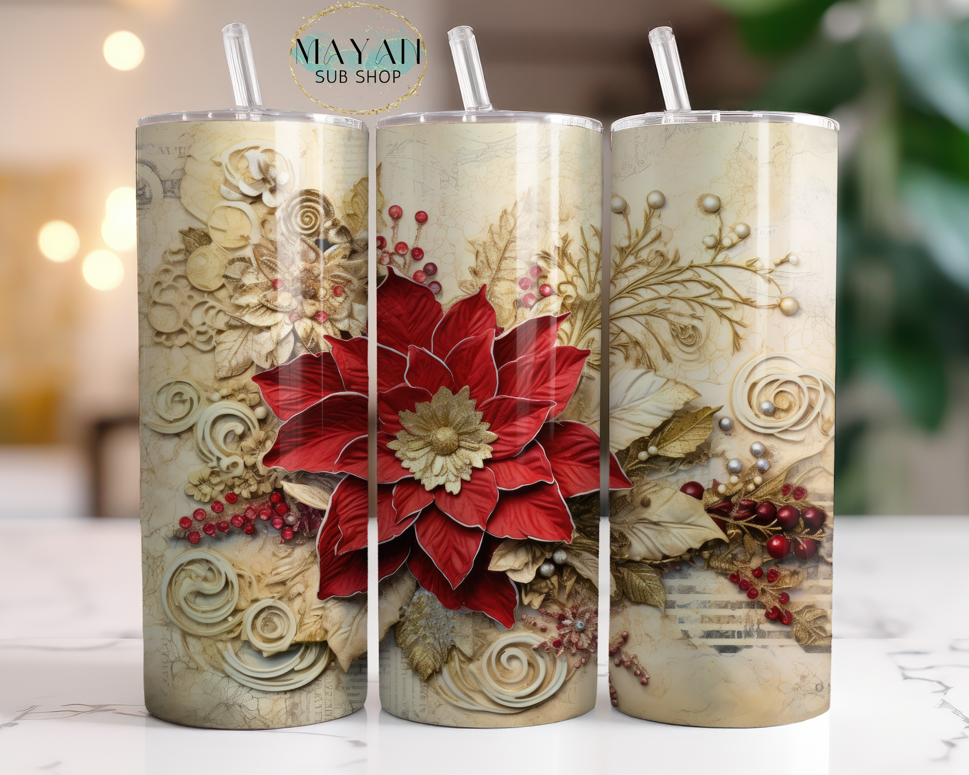 Poinsettia 20 oz. skinny tumbler. -Mayan Sub Shop