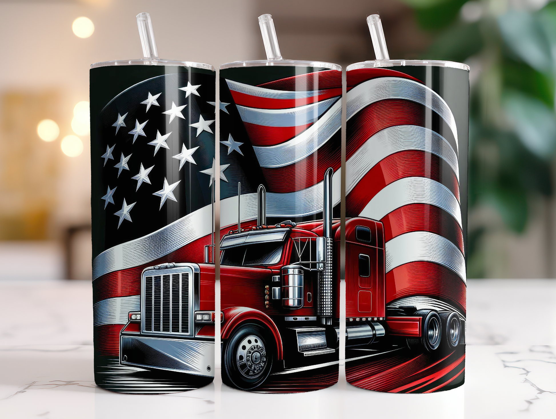 Patriotic semi truck tumbler. -Mayan Sub Shop