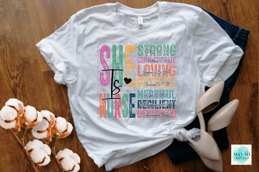She is nurse white shirt. -Mayan Craft Shop