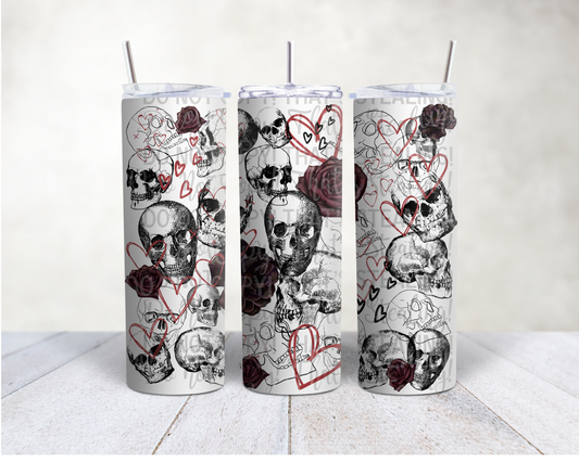 Skellies, hearts, and roses 20 oz. skinny tumbler. -Mayan Sub Shop