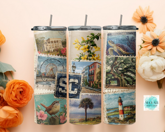 Three tumbler with scenic designs on a light pink background with flowers.