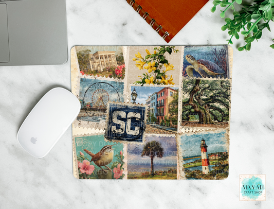 Mouse pad with scenic collage design on a marble surface