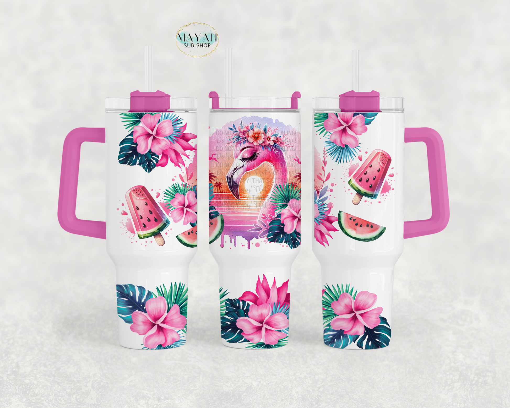 Flamingo in summer 40 oz. tumbler with handle. -Mayan Sub Shop