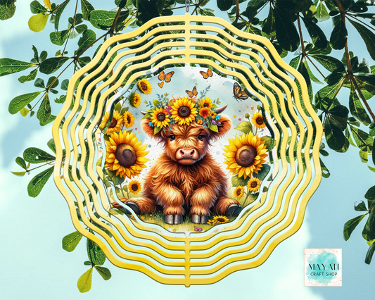 Illustration of a Highland cow with sunflowers and butterflies, surrounded by green leaves.