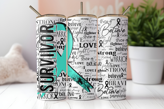 Teal cancer survivor ribbon 20 oz. skinny tumbler. -Mayan Sub Shop