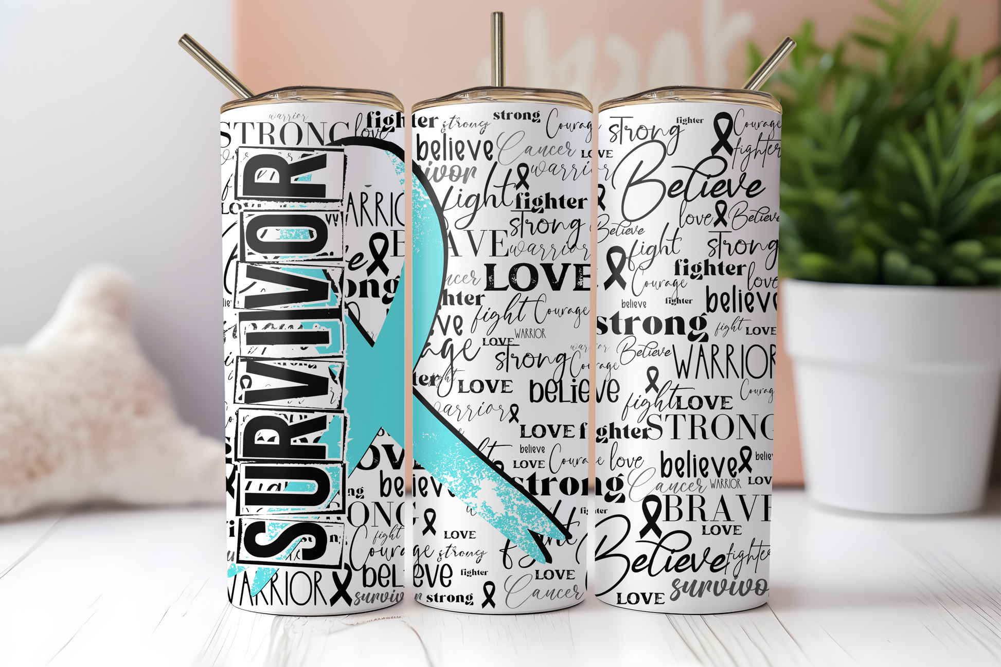 Teal/white cancer survivor ribbon 20 oz. skinny tumbler. -Mayan Sub Shop