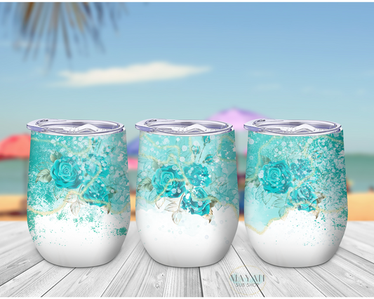 Teal roses wine tumbler. -Mayan Sub Shop