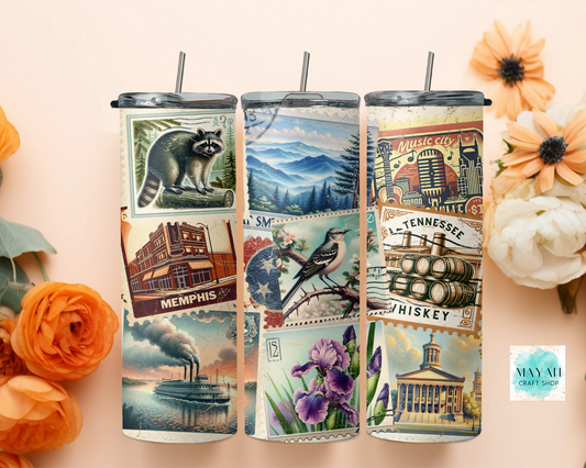 Set of tumblers with various designs on a light pink background with flowers.