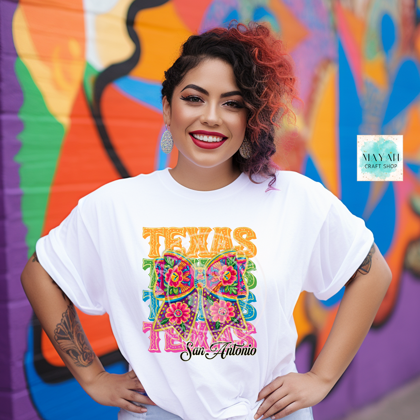 San Antonio floral bow shirt. -Mayan Craft Shop