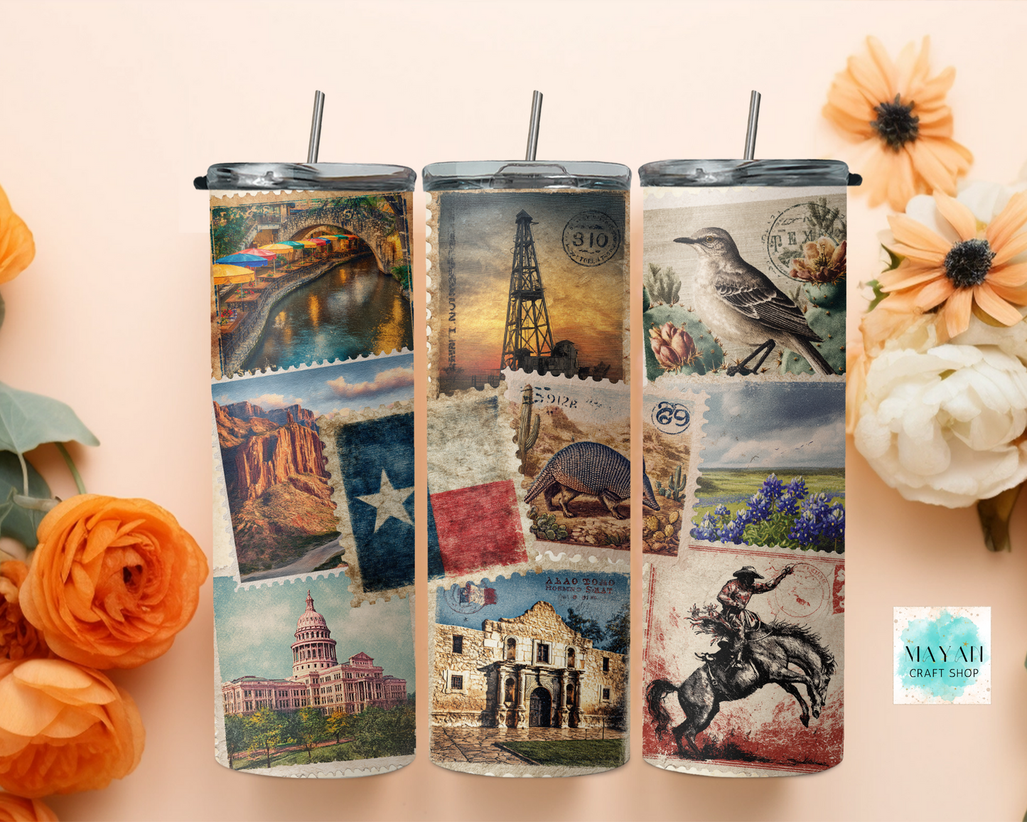 Set of tumblers with Texas-themed designs on a light background with flowers.