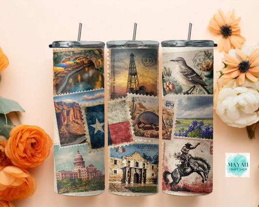 Set of tumblers with Texas-themed designs on a light background with flowers.