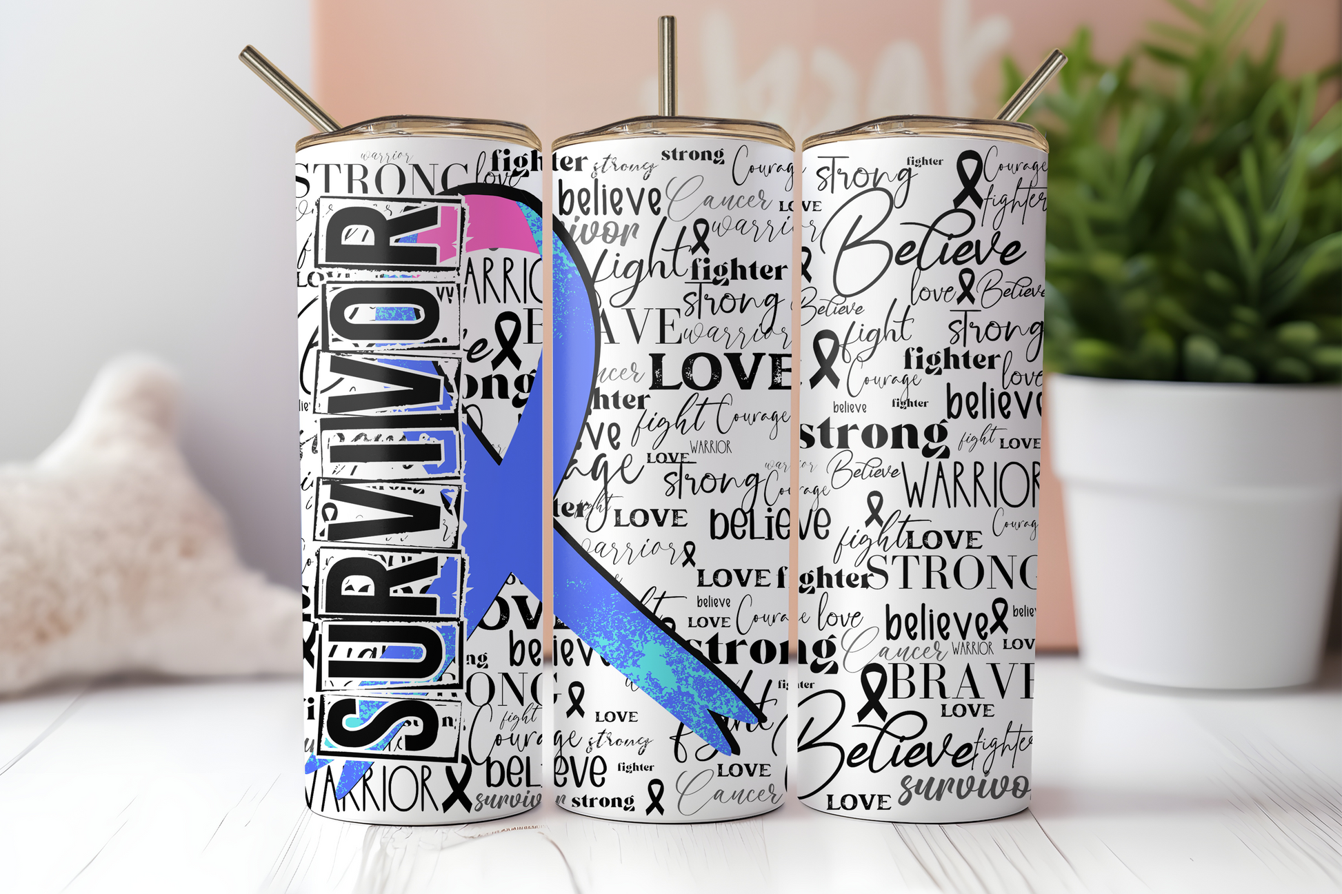 Teal/Pink/Blue cancer survivor ribbon 20 oz. skinny tumbler. -Mayan Sub Shop