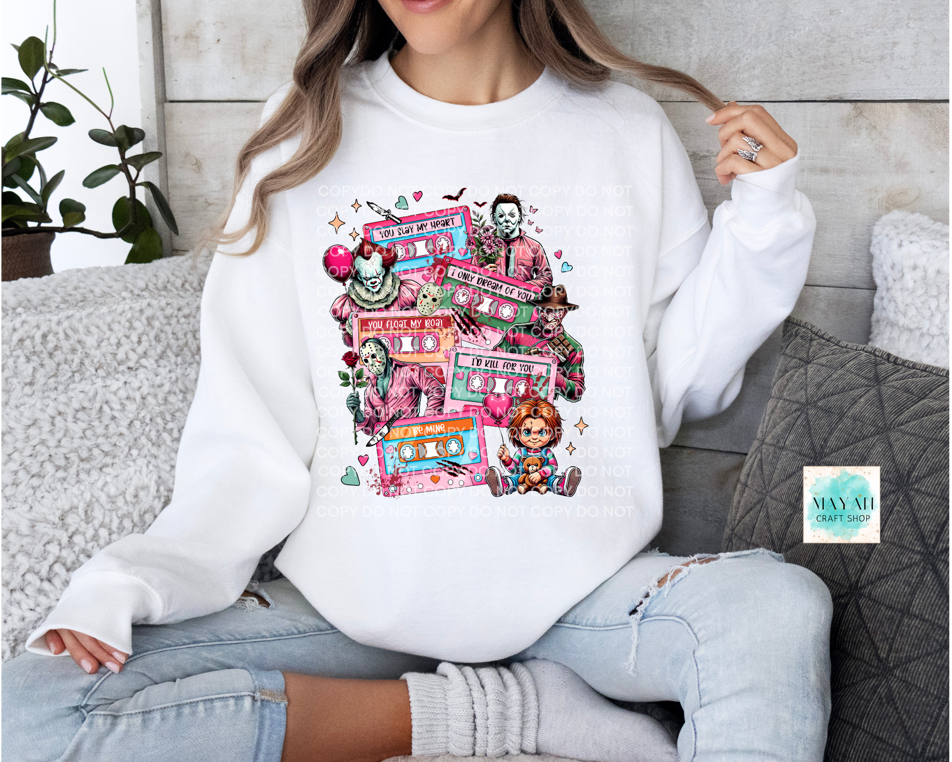 Love mixtape horror white sweatshirt. -Mayan Craft Shop