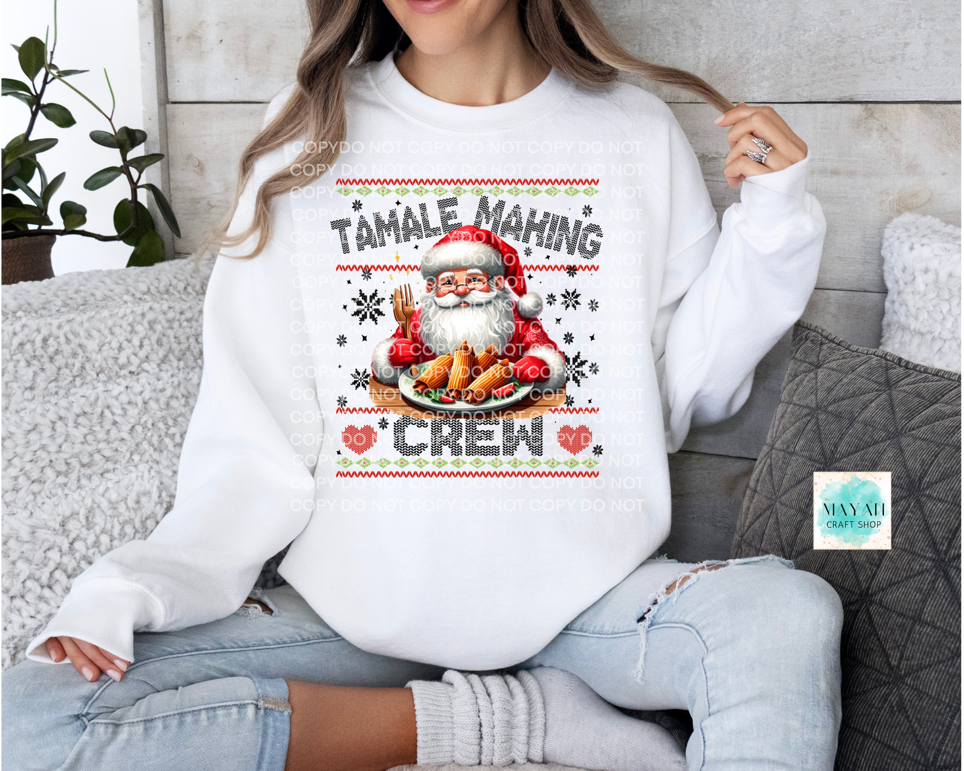 Tamale making crew white sweatshirt. -Mayan Craft Shop