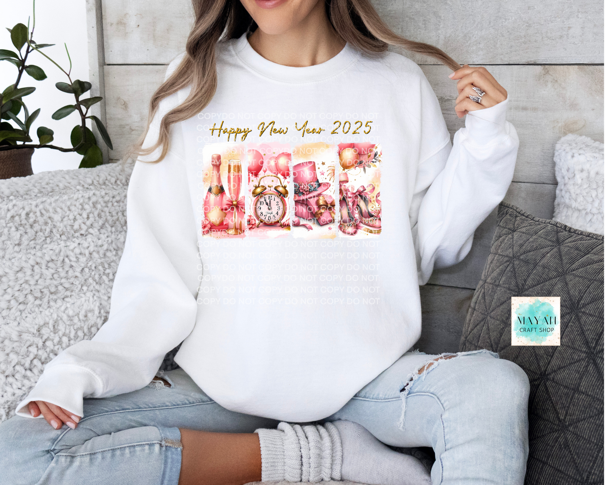 Happy new years 2025 white sweatshirt. -Mayan Craft Shop