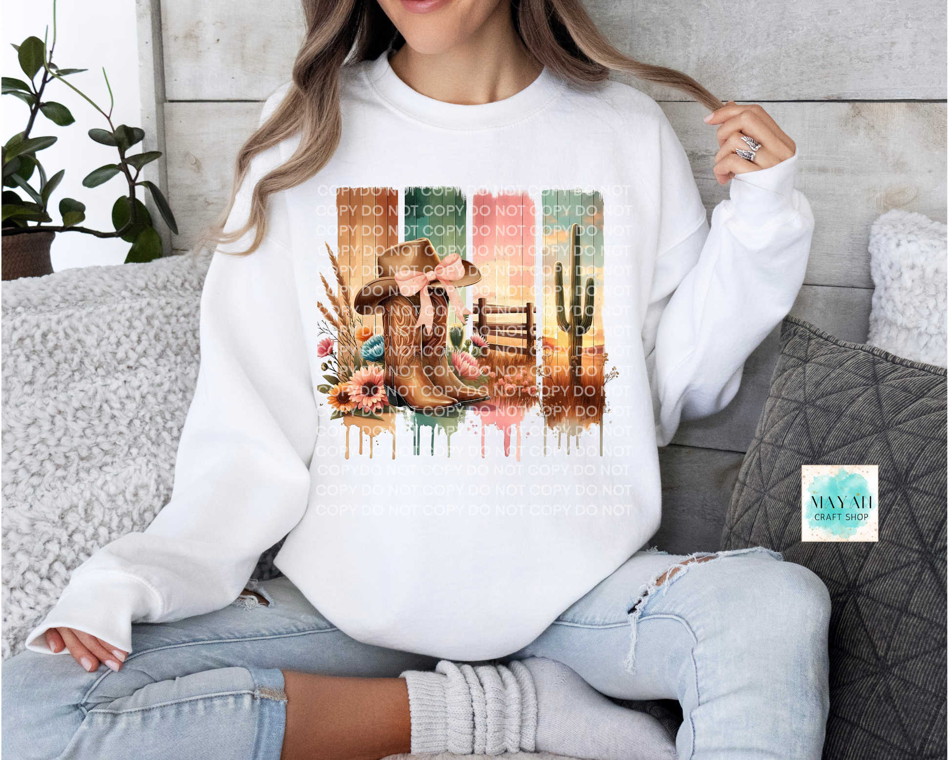 Desert cowgirl white sweatshirt. -Mayan Craft Shop